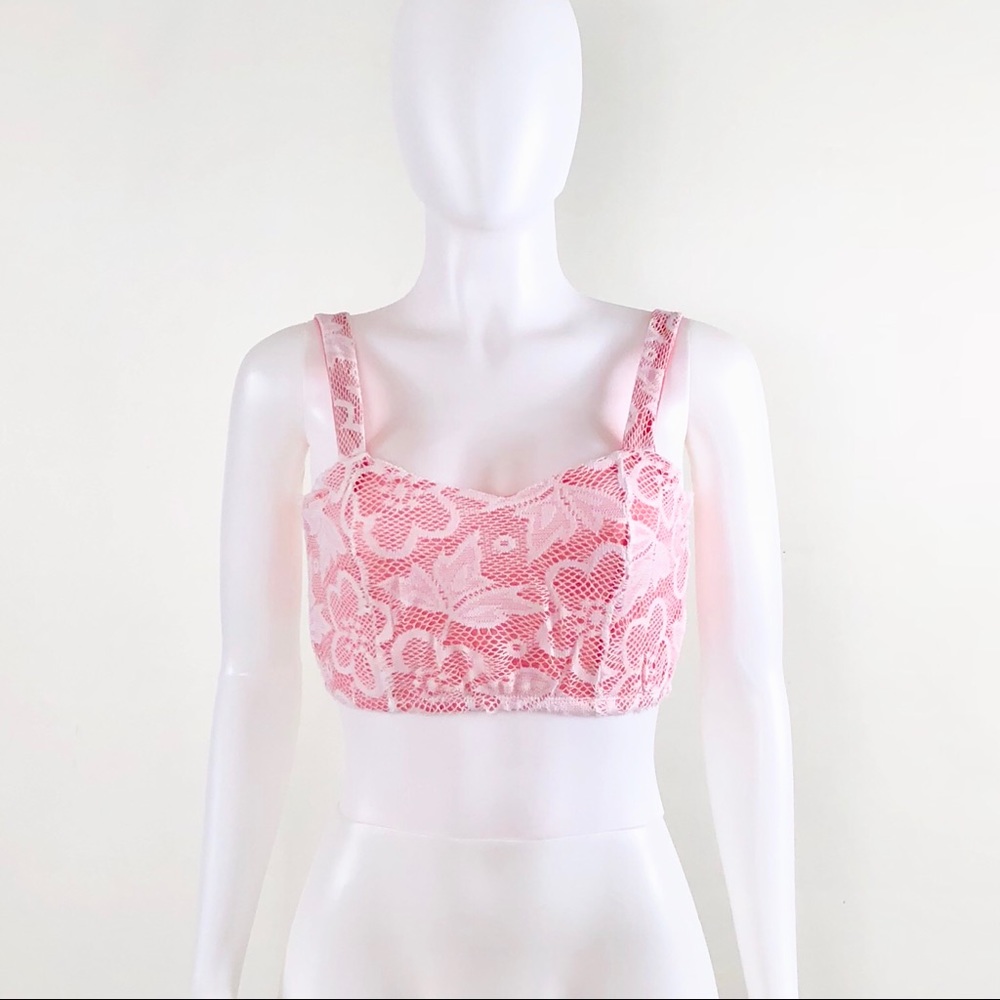 NWOT Pink Back Cutout Floral Lace Bra Crop Top - Picture 3 of 7